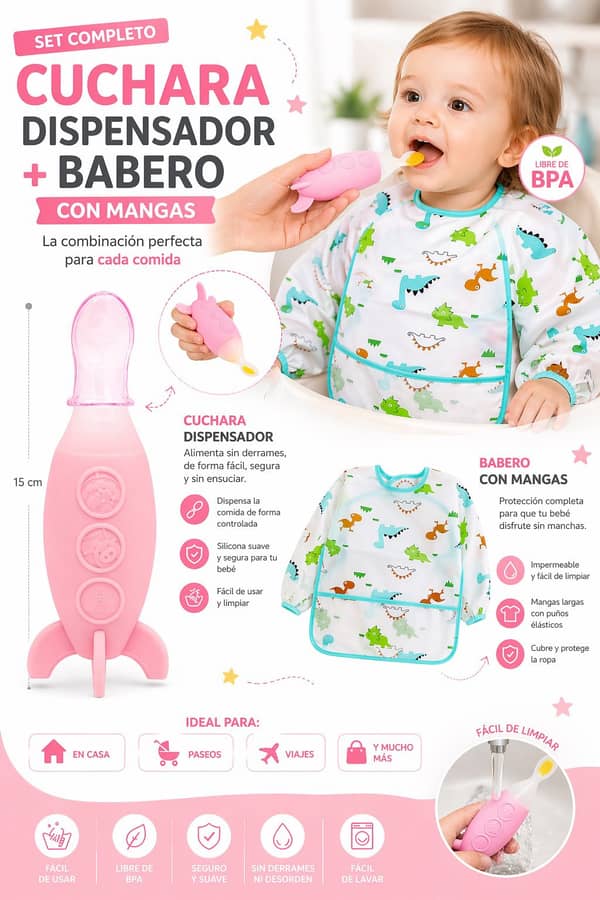 Cuchara dispensadoras papillas + Babero con mangas